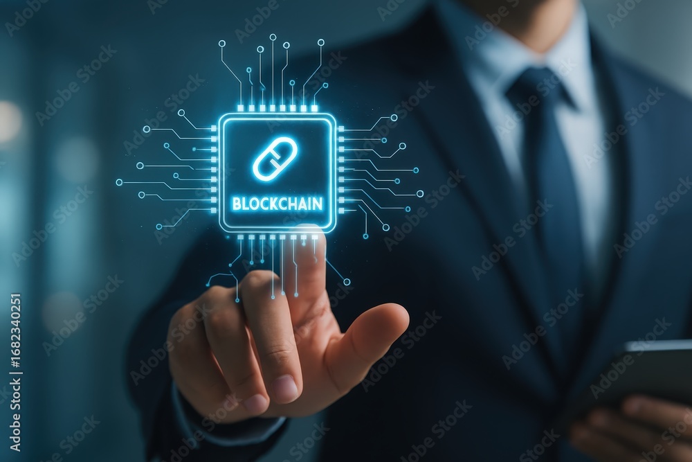 Poster a hand points to a glowing blockchain graphic, highlighting digital technology and innovation.