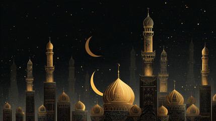 Golden Crescent and Mosque Minarets on 12 Rabi ul Awal Background 