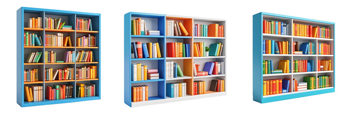 3D Plastic Style Library Shelves Illustration Featuring Numerous Books in Various Colors Isolated on Transparent Background