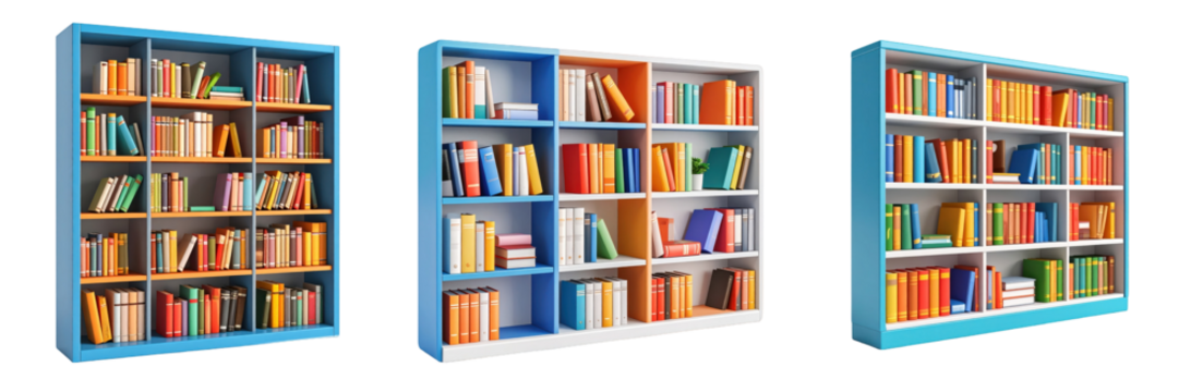 3D Plastic Style Library Shelves Illustration Featuring Numerous Books in Various Colors Isolated on Transparent Background