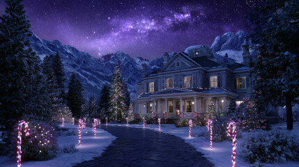 Christmas mansion on a candy cane lane path with a star galaxy just beginning to appear at dusk in the background over silhouetted mountains. Snow falling gently.