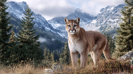 Steely eyed stare of a cougar looking at the camera, standing in a field with forest and mountains behind him