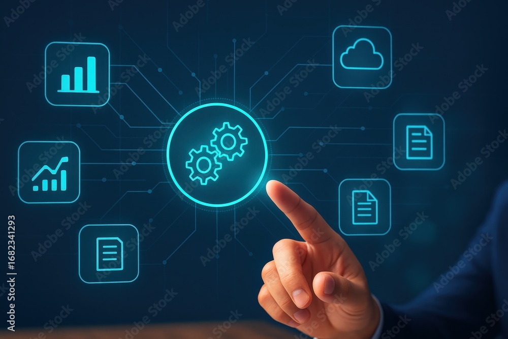 Poster a hand interacts with a digital interface displaying interconnected data processing icons.