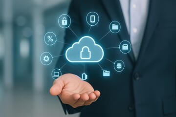 A hand holding a digital cloud computing network, showcasing interconnected technology icons in a modern, business setting.