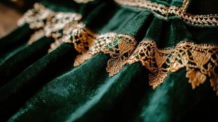 Emerald velvet fabric with gold embroidery creating a luxurious and decorative textile pattern
