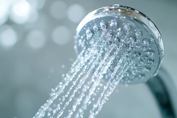 Showerhead Water flowing from a modern, round showerhead with blurred background bokeh