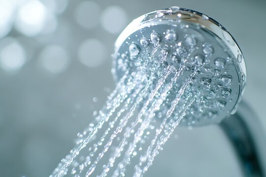 Showerhead Water flowing from a modern, round showerhead with blurred background bokeh