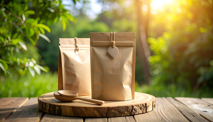 Obraz premium Eco-Friendly Kraft Paper Packaging Bags with Wooden Spoons on Rustic Table