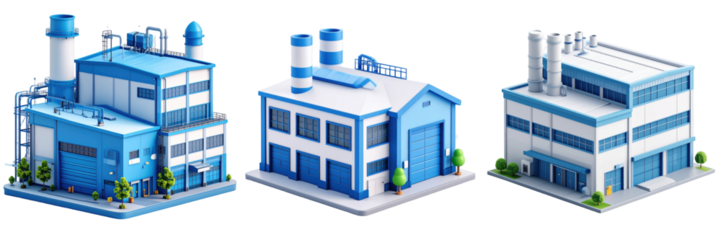3D Plastic Style Industrial Factory Buildings in Blue and White Isolated on Transparent Background Depicting Modern Architecture