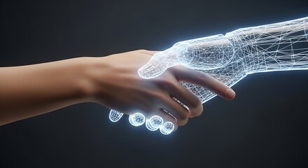 Handshake between a human hand and a glowing wireframe digital hand, symbolizing human-AI collaboration, technology integration, innovation, and future partnerships. 