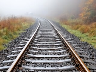 railway tracks logistics concept. Foggy railway tracks winding through a serene landscape.