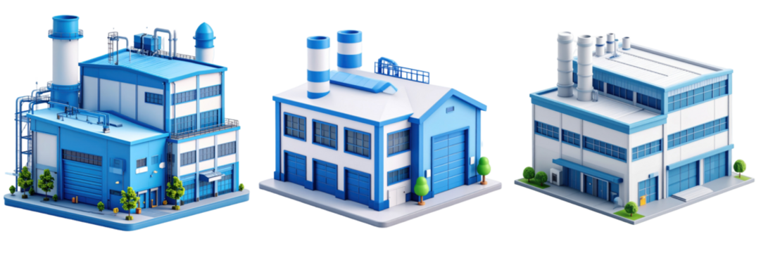 3D Plastic Style Industrial Factory Buildings in Blue and White Isolated on Transparent Background Depicting Modern Architecture