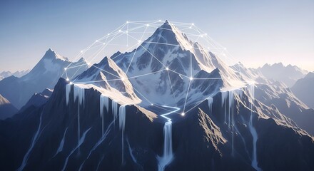 A stunning digital mountain landscape featuring snow-capped peaks, glowing network connections, and luminous waterfalls, blending nature with advanced technology.