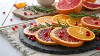 Fresh citrus fruit slices with pomegranate seeds and rosemary on a stone plate