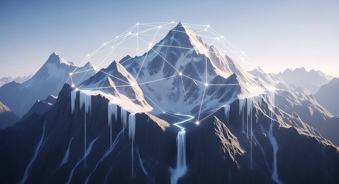 A stunning digital mountain landscape featuring snow-capped peaks, glowing network connections, and luminous waterfalls, blending nature with advanced technology.