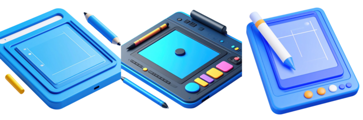 3D Plastic Style Illustration Of Multiple Blue Graphic Tablets With Stylus Pens On Transparent Background
