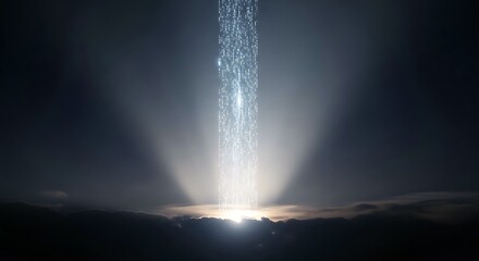 An ethereal column of binary data light pierces through a dark, cloudy sky, symbolizing information transfer, technological advancement, and the digital age. Abstract and powerful visual.