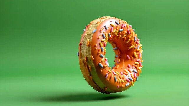 Orange glazed donut with colorful sprinkles floating on green background, delicious sweet dessert treat with vibrant decoration and smooth icing, appetizing food delight