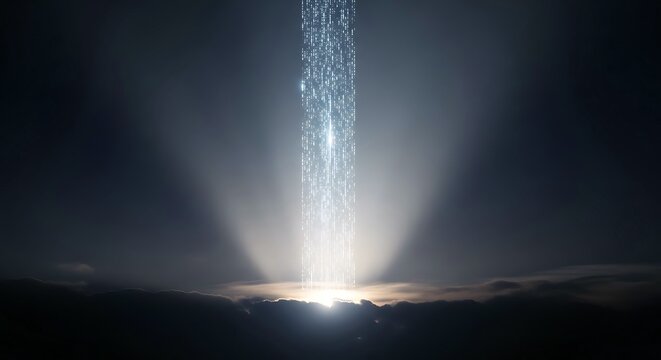 An ethereal column of binary data light pierces through a dark, cloudy sky, symbolizing information transfer, technological advancement, and the digital age. Abstract and powerful visual.