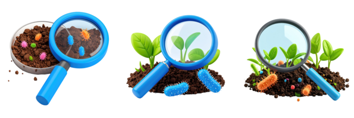 3D Plastic Style Illustration Of Magnifying Glass Examining Soil And Bacteria With Green Leaves and Brown Soil Isolated on Transparent Background
