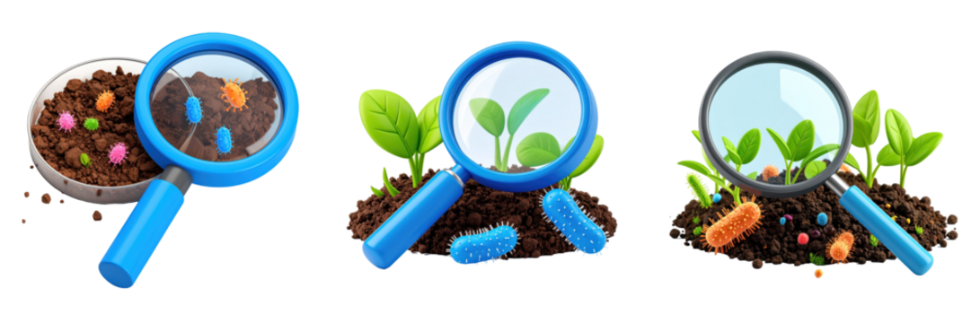 3D Plastic Style Illustration Of Magnifying Glass Examining Soil And Bacteria With Green Leaves and Brown Soil Isolated on Transparent Background - Powered by Adobe