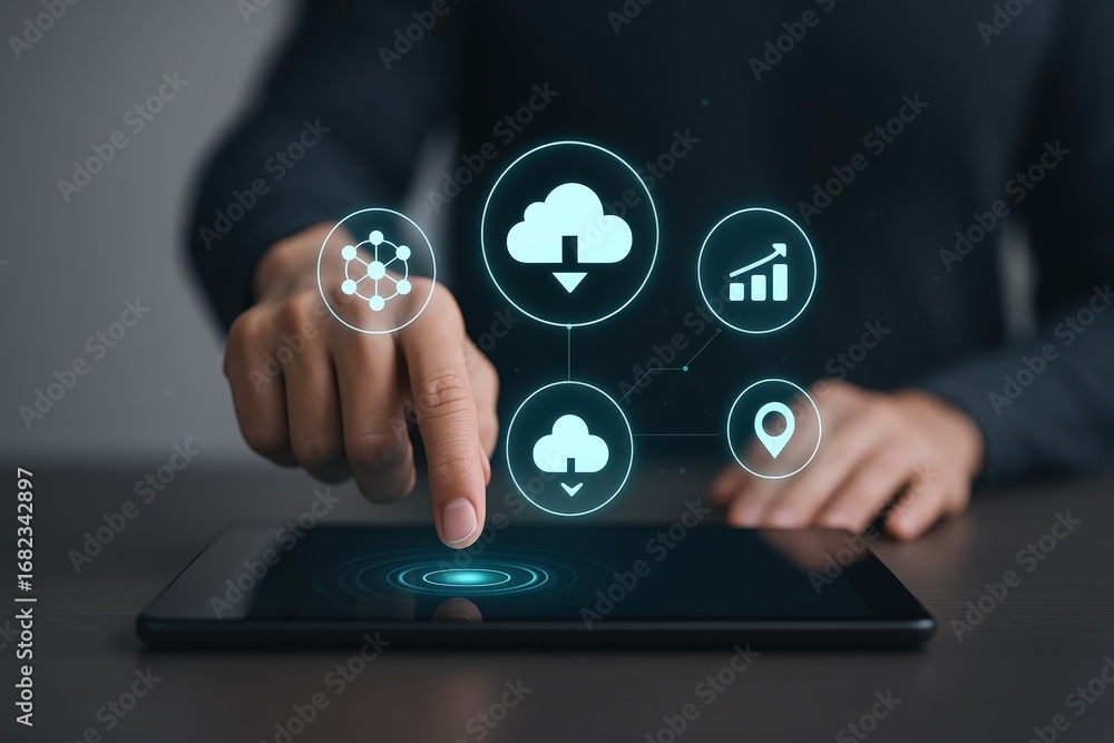Poster a hand interacts with a digital tablet displaying cloud computing icons and related graphical elemen