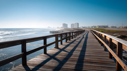 Obraz premium Serene Coastal Boardwalk: Sun-Drenched Wooden Pathway to Ocean and City Skyline