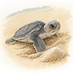 Tender Sea Turtle Hatchling Vector – Baby Tinglar Emerging with Fragile Features