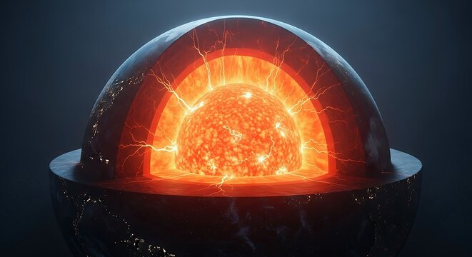 Detailed 3D render of Earth's internal structure showing the hot core, mantle, and crust with powerful energy discharges. Ideal for educational and scientific visuals.