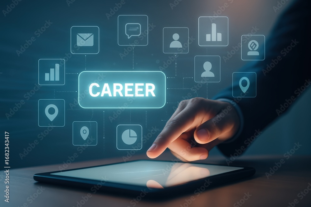 Poster a hand interacts with a digital tablet displaying a career-focused interface, showcasing various int