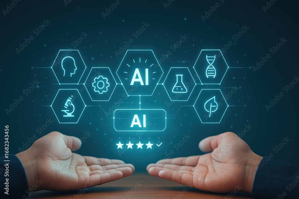 Aufkleber hands present a futuristic interface showcasing various aspects of artificial intelligence.