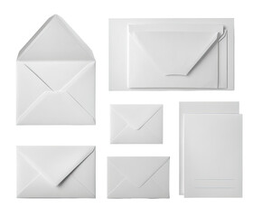 Various sizes and styles of blank white envelopes and stationery