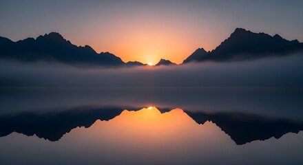 Minimalist cinematic sunrise over foggy peaks with crystal-clear lake reflection, ultra-detailed, crisp edges, noise-free, natural lighting, tranquil scene