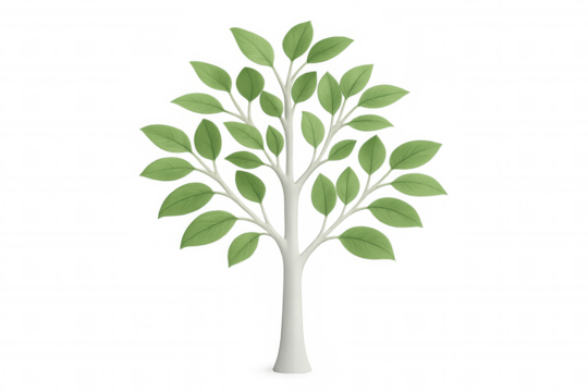 Green stylized tree with white trunk, 3d rendered against transparent background, representing environmental design and natural concepts - Powered by Adobe