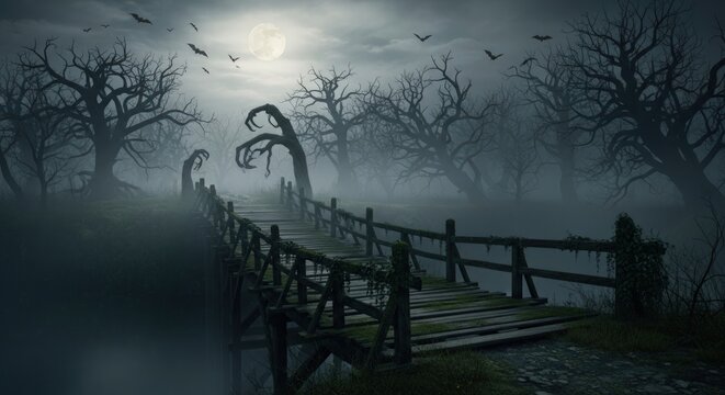 A spooky wooden bridge in a foggy forest under a full moon, creating a creepy and atmospheric Halloween scene