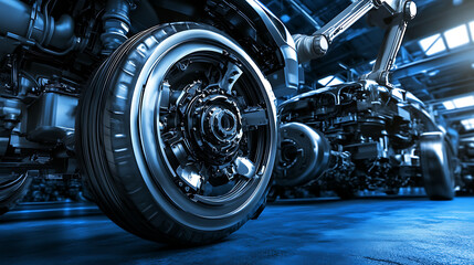 Automotive Assembly Line: Close-Up of Wheel and Chassis in Factory