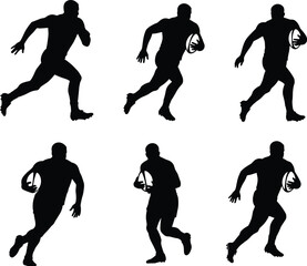Rugby player silhouette poses, ball handling action vector, sports training illustration, professional rugby athlete artwork, dynamic running stance, competitive match scene, 
