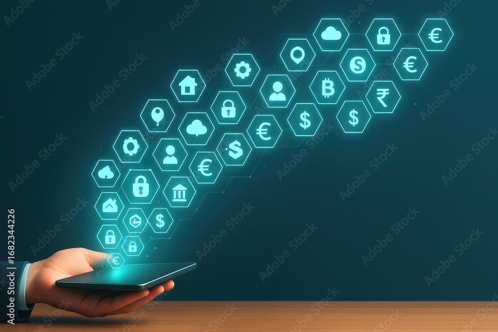 Poster a hand holds a smartphone with glowing digital currency and technology icons displayed in a modern, 