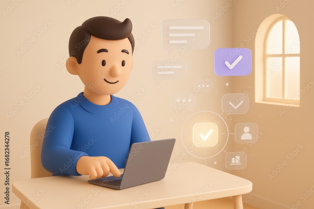 Poster a cartoon person sits at a desk, working on a laptop, with digital interface elements like checkmark