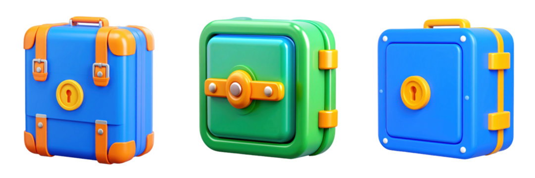 3D Plastic Style Icons of Blue and Green Security Boxes with Orange Details and Golden Keyholes on Transparent Background
