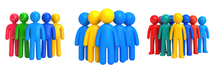 3D Plastic Style Icons Featuring Diverse Teams Standing Together Each Group Exhibiting Unique Color Coordination Against a Black Background Showcasing Collaboration and Unity