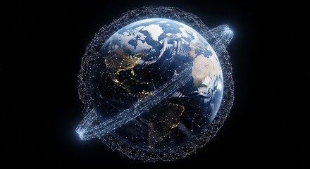 An artistic representation of Earth from space, enveloped in a glowing digital network, symbolizing global communication, connectivity, and technology in the modern world.
