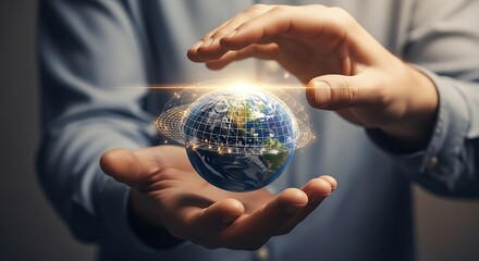 A person's hands gently hold a glowing, digital Earth globe with a network grid, symbolizing global communication, technological connection, and environmental responsibility. 