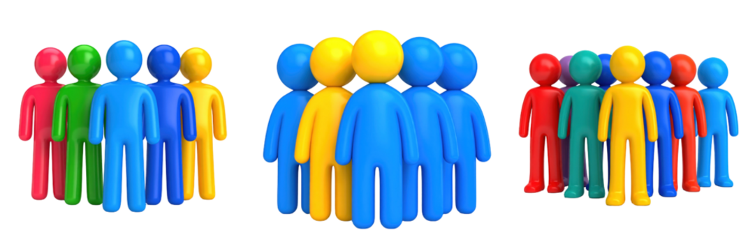 3D Plastic Style Icons Featuring Diverse Teams Standing Together Each Group Exhibiting Unique Color Coordination Against a Black Background Showcasing Collaboration and Unity - Powered by Adobe