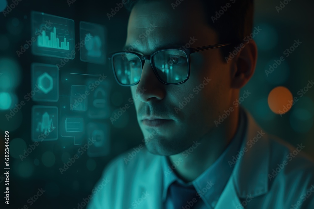 Poster close-up of a focused individual intently examining a futuristic interface displaying data visualiza