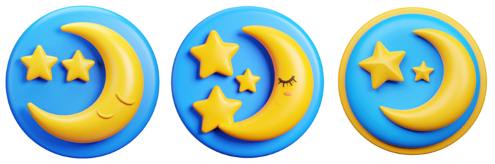 3D Plastic Style Icon Of Nap Time Featuring Sleeping Moon And Stars In A Blue And Yellow Color Palette Against A Transparent Background