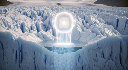 An otherworldly glowing orb levitates above a crystal-clear icy pool, emanating a brilliant stream of light into a pristine glacier. Science fantasy landscape.