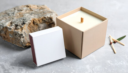 Aesthetic beige candle and matchbox sit on textured gray stone, creating a serene and natural decorative composition