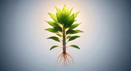 An illustration of a thriving green plant with exposed roots, glowing with light against a serene grey background, representing organic growth and natural vitality.