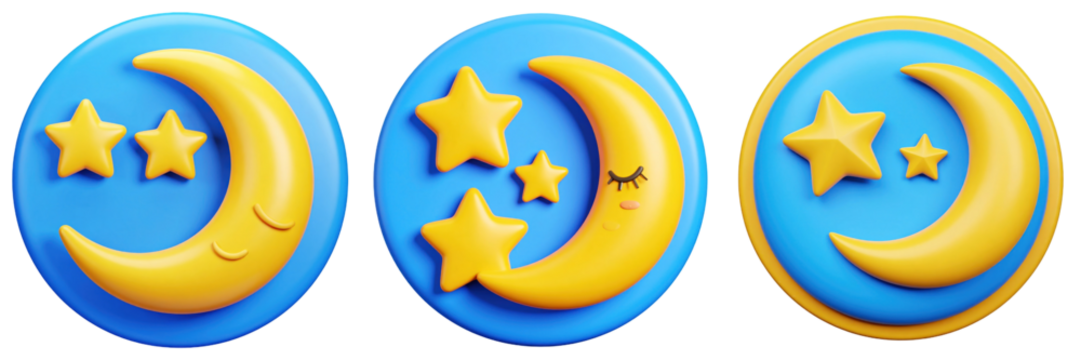 3D Plastic Style Icon Of Nap Time Featuring Sleeping Moon And Stars In A Blue And Yellow Color Palette Against A Transparent Background